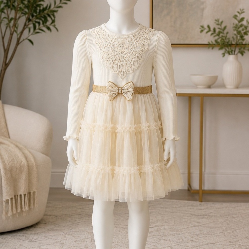 Pudding Girls Tutu Dress Lace Pearl Embellished Cream Tiered Tulle Size 5